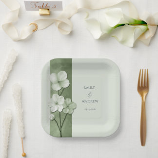 Sage Green Hand Drawn Floral Botanical Wedding Paper Plate