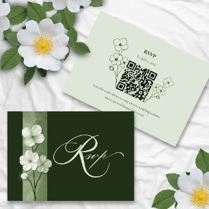 Sage Green Hand Drawn Floral QR Code RSVP Card
