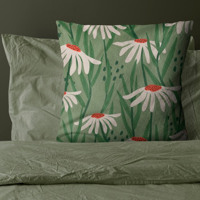 Sage Green Hand Drawn Flower Cushion (Chamomile Flower in a sage green background of soft warm cream color make this design a great choice)