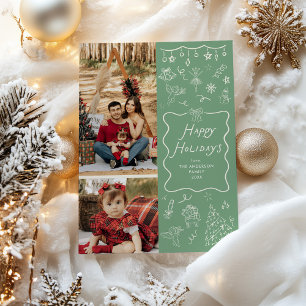 Sage Green Hand Drawn Icons Happy Holidays 2 Photo Holiday Card