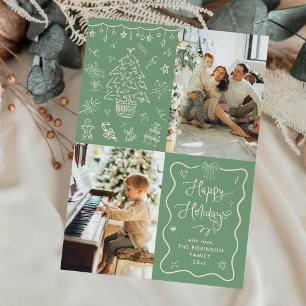 Sage Green Hand Drawn Icons Happy Holidays 2 Photo Holiday Card