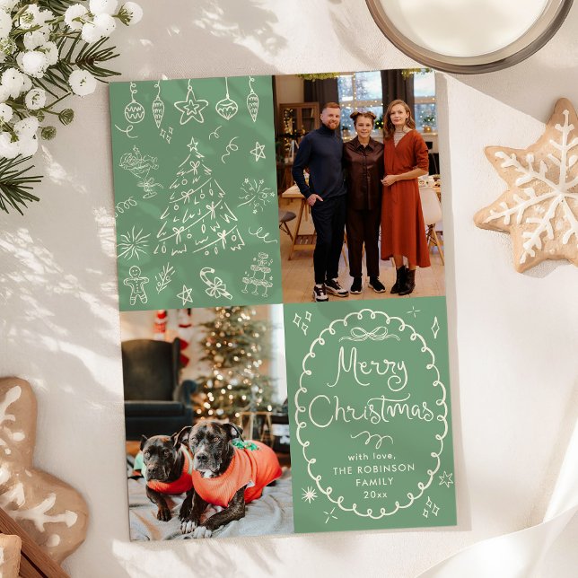 Sage Green Hand Drawn Merry Christmas 2 Photo Holiday Card (Creator Uploaded)