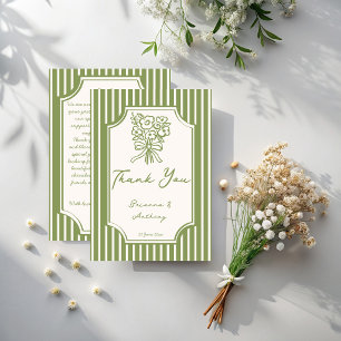 Sage green hand drawn vintage stripes wedding thank you card
