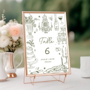 Sage Green Hand Drawn Whimsical Wedding Table Number