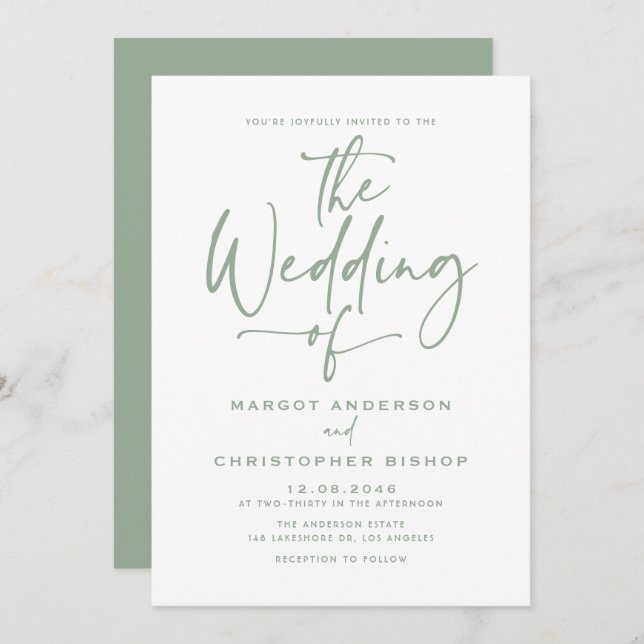 Sage Green Hand Lettered Calligraphy Wedding Invitation (Front/Back)