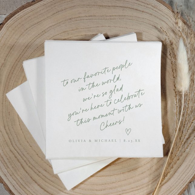 Sage Green Handwriting Love Note Style Wedding Napkin (Sage green love note wedding napkin with handwritten note, heart, and modern script design.)