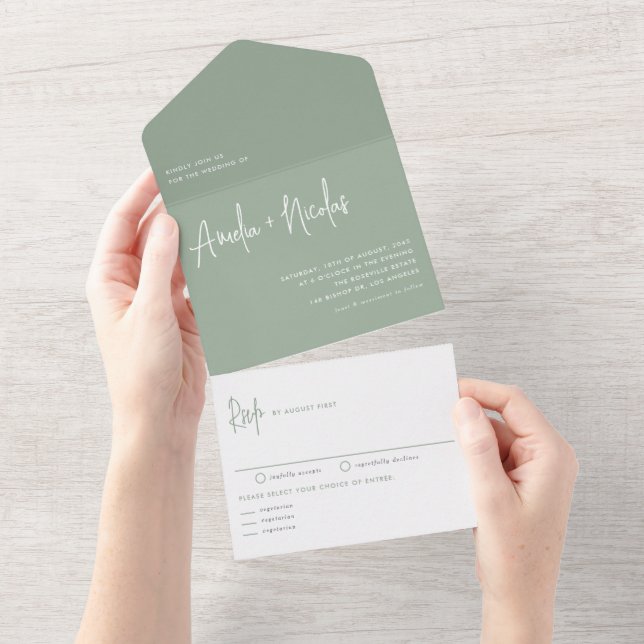 Sage Green Handwriting Modern Typography Wedding All In One Invitation (Tearaway)