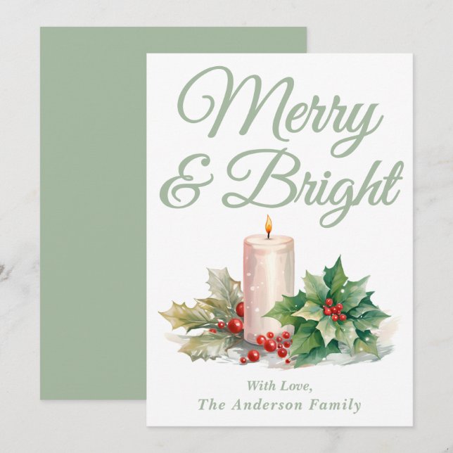 Sage Green Handwritten Script Merry & Bright Holiday Card (Front/Back)
