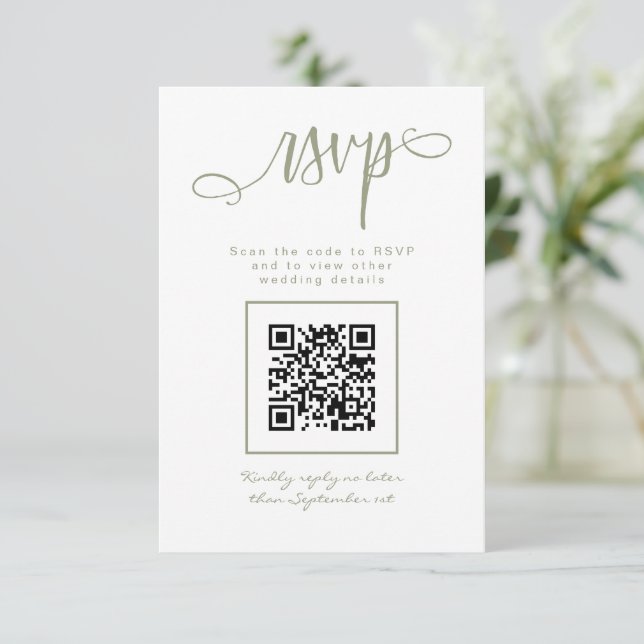 Sage Green Handwritten Script Simple QR Code RSVP Card (Standing Front)