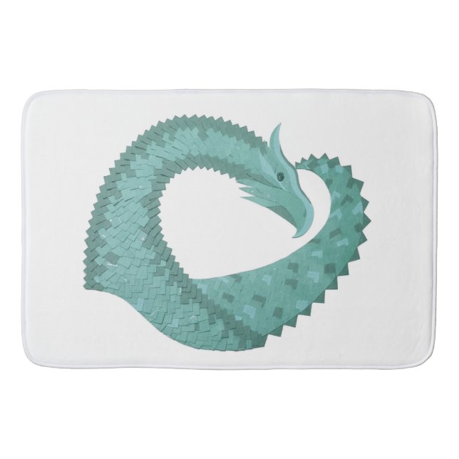 Sage green heart dragon on white bath mat (Front)
