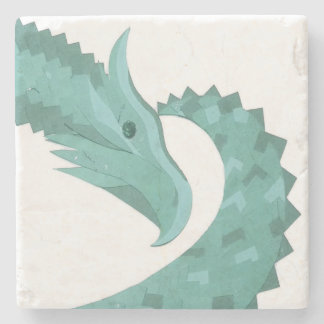Sage green heart dragon on white stone coaster