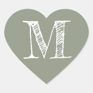Sage Green Heart Minimalist Monogram Initial Sticker