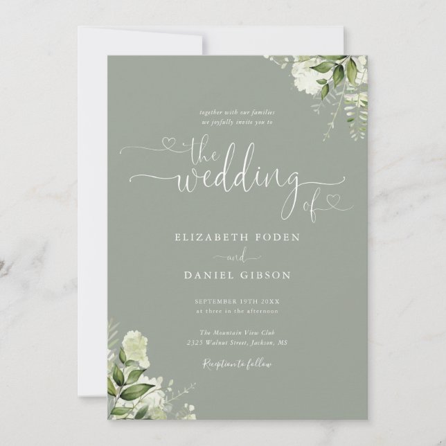 Sage Green Heart Script Foliage Photo Wedding Invitation (Front)
