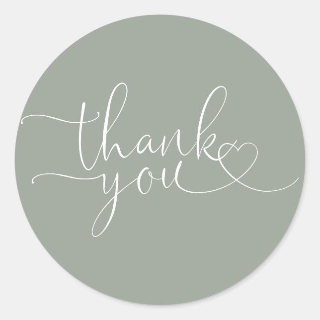 Sage Green Heart Script Thank You Classic Round Sticker (Front)