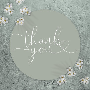 Sage Green Heart Script Thank You Classic Round Sticker