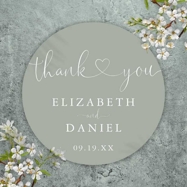 Sage Green Heart Script Thank You Wedding Favour Classic Round Sticker (Sage Green Heart Script Thank You Wedding Favor Classic Round Sticker
)