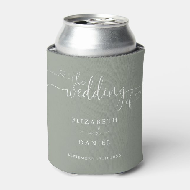 Sage Green Heart Script Wedding Can Cooler (Can Front)