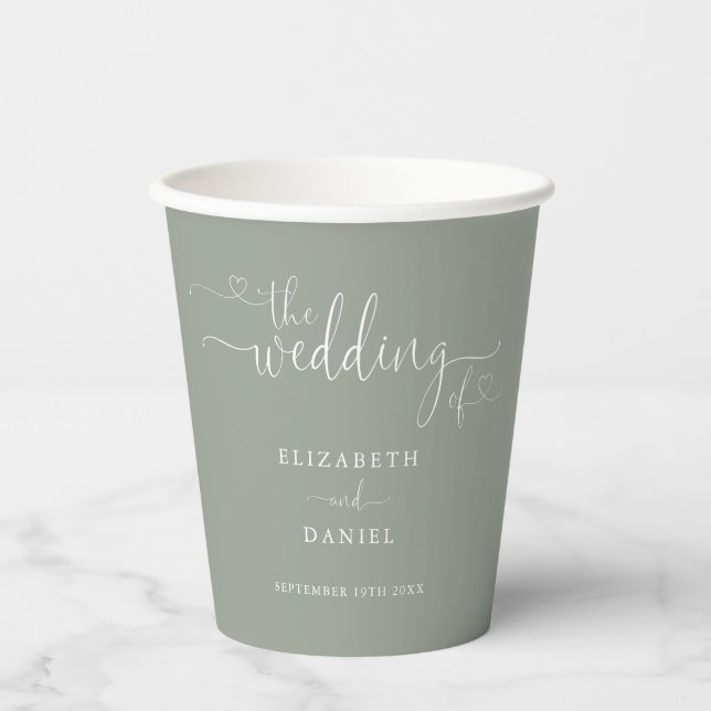 Sage Green Heart Script Wedding Paper Cups (Front)