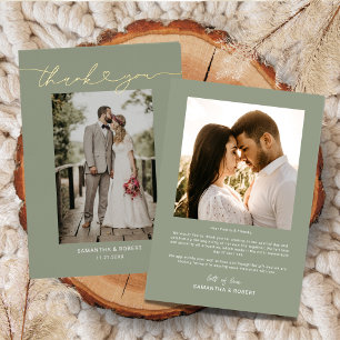 Sage Green Heart Script Wedding Photo Thank You