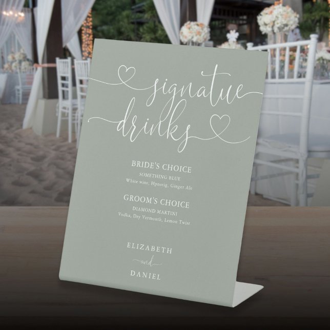 Sage Green Heart Script Wedding Signature Drinks Pedestal Sign (Sage Green Heart Script Wedding Signature Drinks Pedestal Sign)