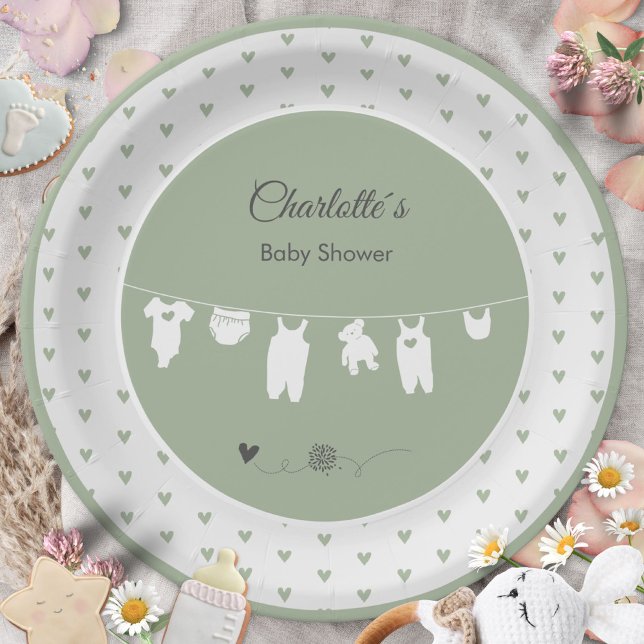 Sage Green Hearts Boho Gender Neutral Baby Shower  Paper Plate (Sage Green Hearts Boho Gender Neutral Baby Shower Paper Plates ©Susanne Sachers - Sunny Mind 🌞)