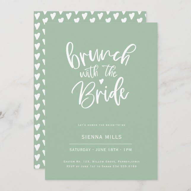 Sage Green Hearts Calligraphy Bridal Brunch Invitation (Front/Back)