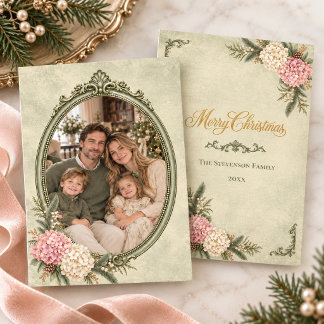 Sage Green Heirloom Hydrangea Christmas Photo Holiday Card