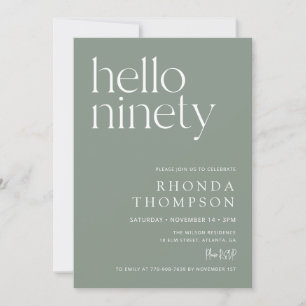 Sage Green Hello Ninety Modern 90th Birthday Invitation