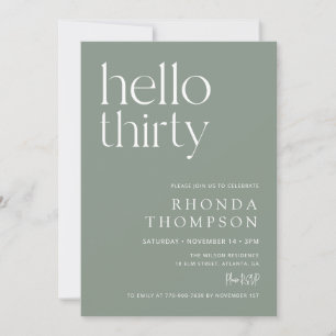 Sage Green Hello Thirty Modern 30th Birthday Invitation