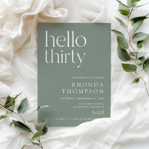 Sage Green Hello Thirty Modern 30th Birthday Invitation