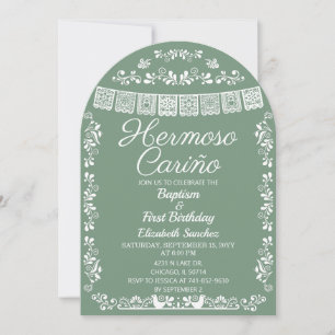 Sage Green Hermoso Cariño Baptism & First Birthday Invitation