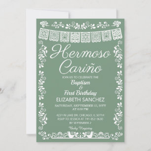 Sage Green Hermoso Cariño Baptism & First Birthday Invitation