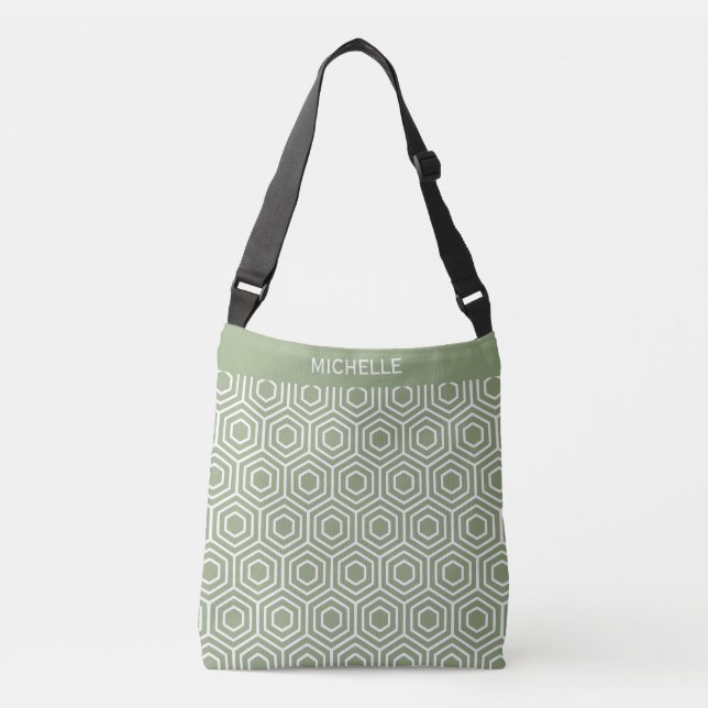 Sage Green Hexagon Honeycomb Geometric Pattern Crossbody Bag (Front)