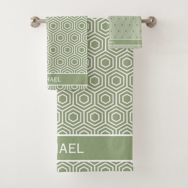 Sage Green Hexagon Honeycomb Pattern Name Bath Towel Set (Insitu)