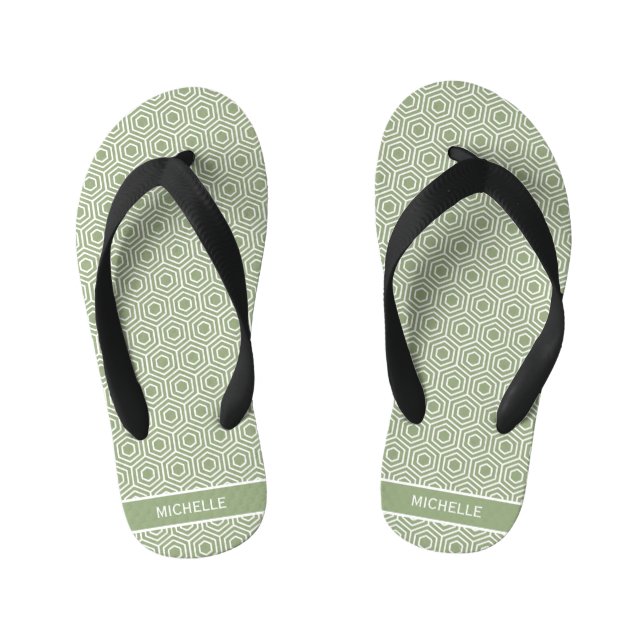 Sage Green Hexagon Honeycomb Pattern Name Kid's Jandals (Footbed)