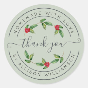 Sage Green Holly Christmas Thank You Classic Round Sticker