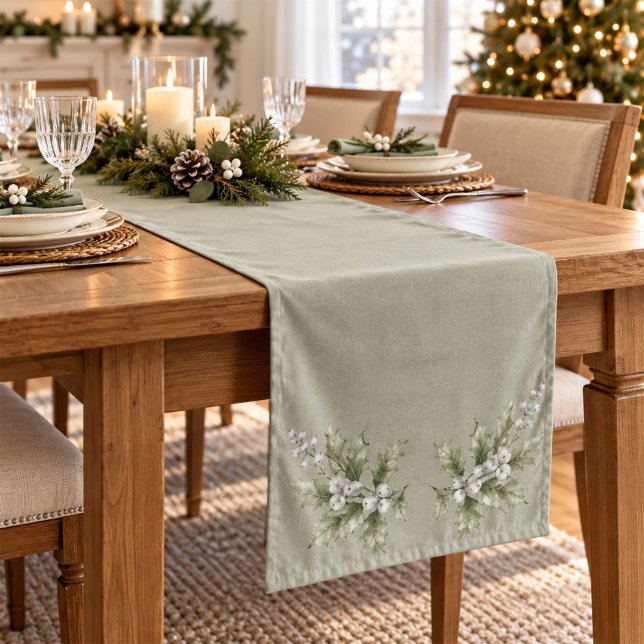 Sage Green Holly Christmas Winter Table  Long Table Runner (Sage green Christmas table runner with delicate watercolor holly and white berries at the ends.)