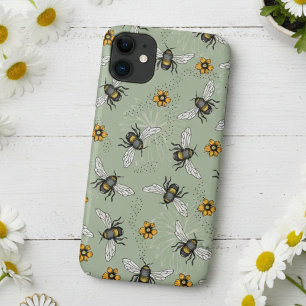 Sage Green Honeybee and Flowers Pattern Case-Mate iPhone Case