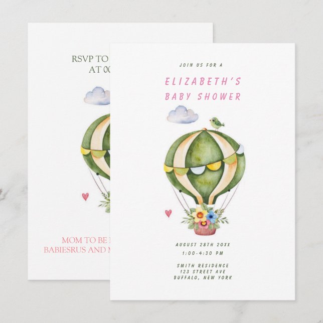 Sage Green Hot Air Balloon Floral Girl Baby Shower Invitation (Front/Back)