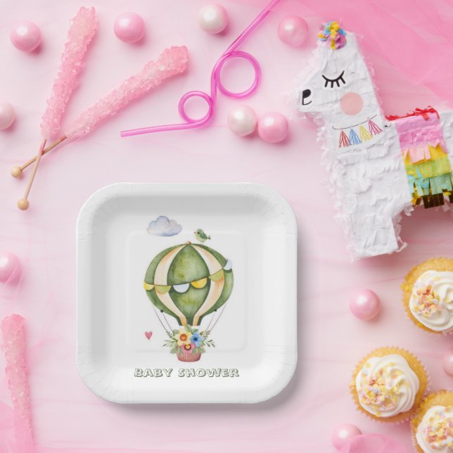 Sage Green Hot Air Balloon Floral Girl Baby Shower Paper Plate (Party)