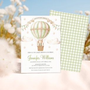 Sage Green Hot air balloon Teddy bear Baby shower Invitation