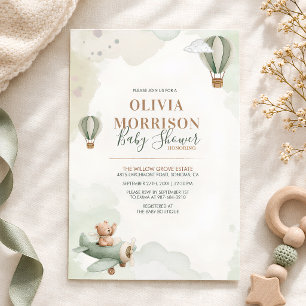 Sage Green Hot Air Balloon Teddy Bear Baby Shower Invitation