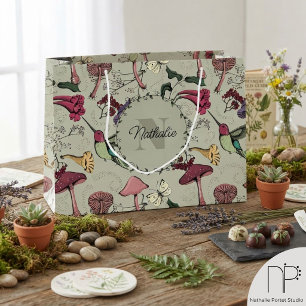 Sage Green Hummingbird Floral Monogram Large Gift Bag