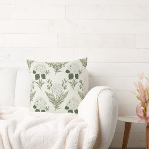 Sage Green Hydrangea & Fern Vintage Botanical  Cushion