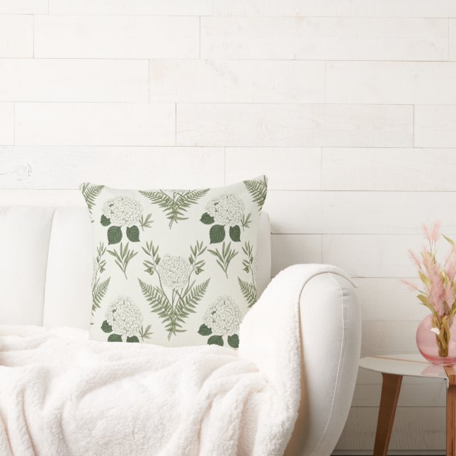 Sage Green Hydrangea & Fern Vintage Botanical  Cushion (Couch)