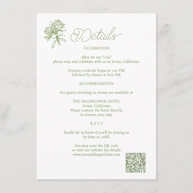 Sage Green Hydrangea Wedding Details Card (Front)