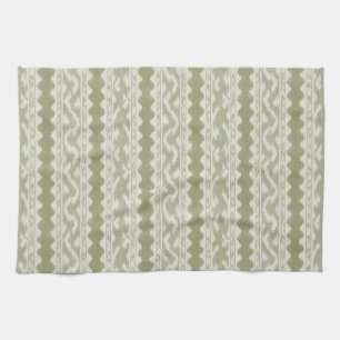 Sage Green Ikat, Cream Scalloped Stripe Tea Towel