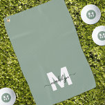 Sage Green Initial Name Monogram Golf Towel<br><div class="desc">Create Your Own Personalised Custom Sage Green Modern Script Name Monogram Golf Towel. This chic, feminine golf towel features a stylish monogram design with a flat white initial on a soft sage green background and a classic black script name for a personalised touch. Printed on one side, this towel adds...</div>