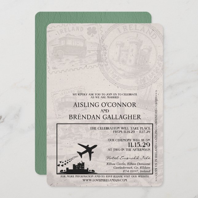 Sage Green Ireland Passport Wedding Invitation (Front/Back)