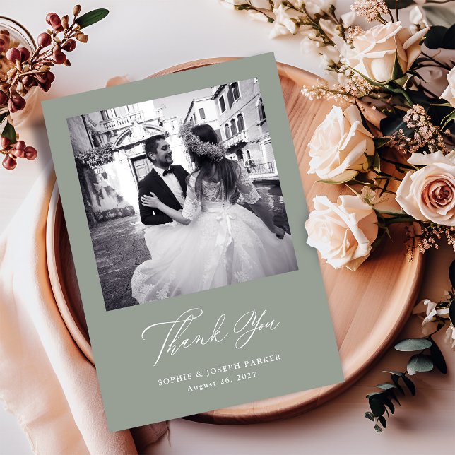 Sage Green | Italian Elegance Two Photo Wedding Thank You Card (Creator Uploaded)